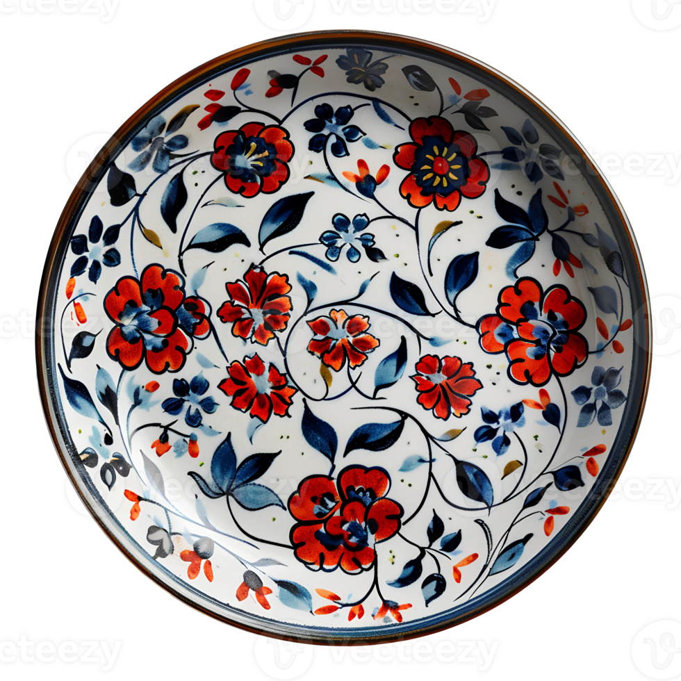 ai generato piatto con fiore dettagli png. intricatamente decorato bianca piatto con blu e rosso fiori superiore Visualizza png. astratto piatto design con floreale modello isolato. acquerello fiori png