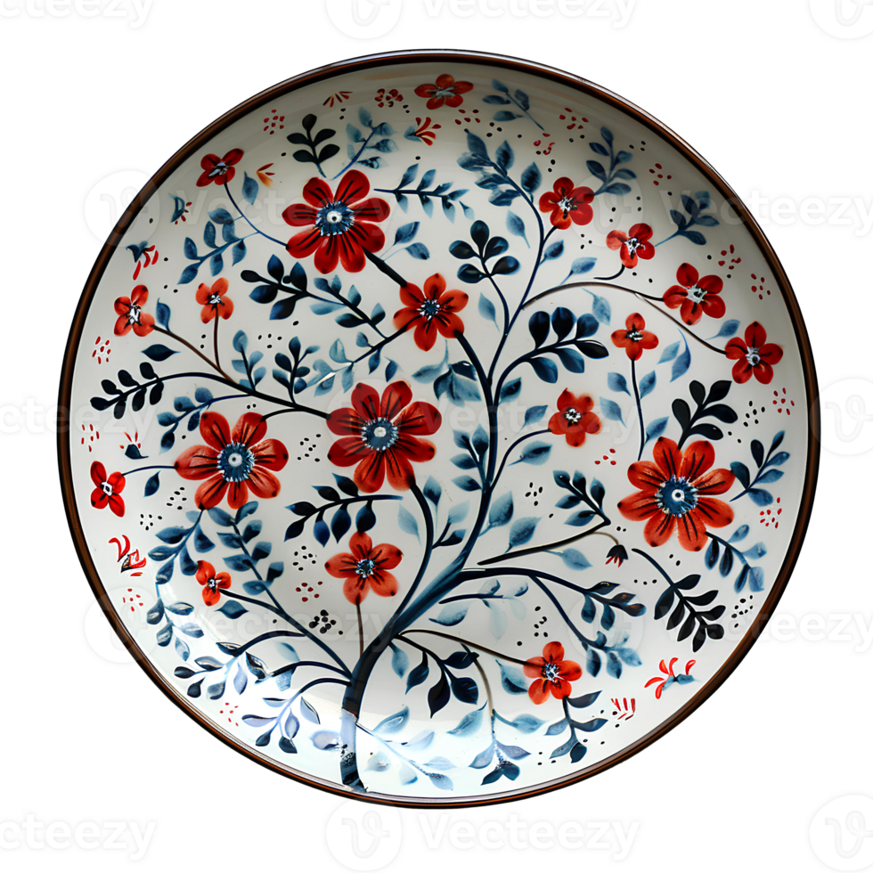 ai generato piatto con fiore dettagli png. intricatamente decorato bianca piatto con blu e rosso fiori superiore Visualizza png. astratto piatto design con floreale modello isolato. acquerello fiori png