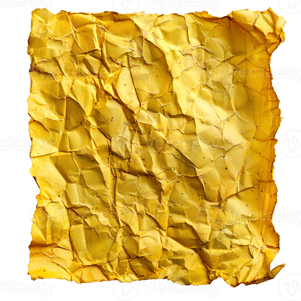 AI generated Yellow crumpled paper top view PNG. Yellow old paper texture for overlay PNG. Crinkly old paper isolated png