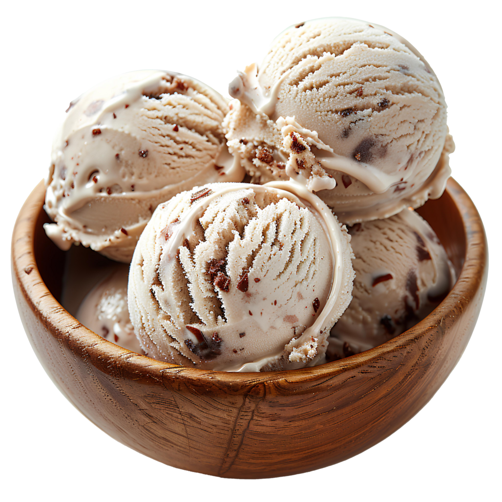 AI generated Vanilla ice cream with chocolate pieces in a wooden bowl PNG. Ice cream bowl isolated png