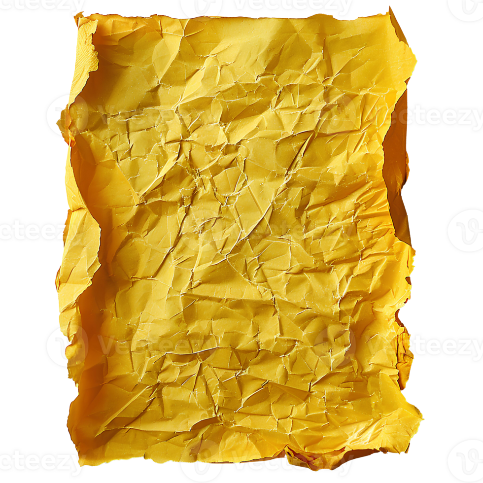 AI generated Yellow crumpled paper top view PNG. Yellow old paper texture for overlay PNG. Crinkly old paper isolated png