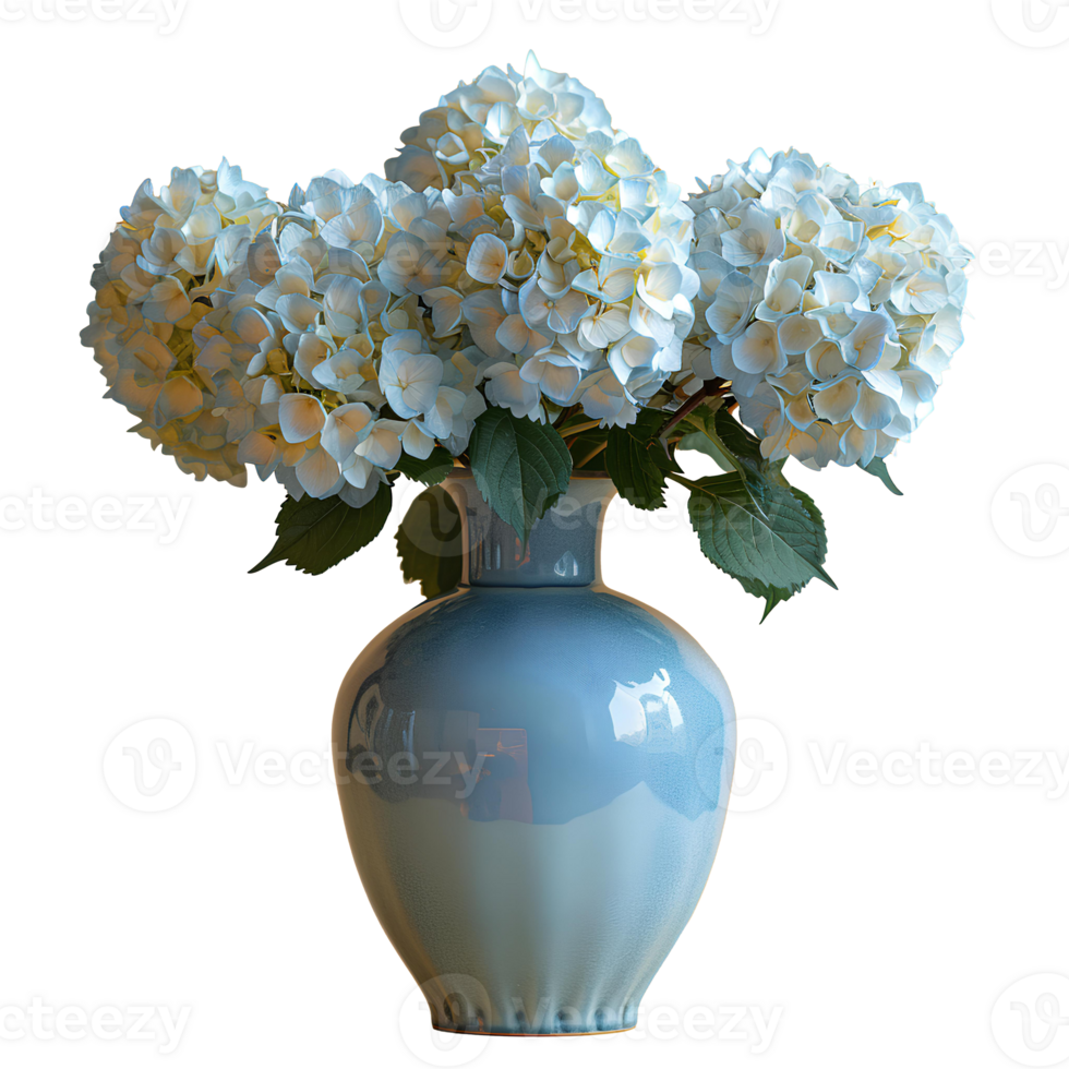 AI generated bouquet of flowers in a ceramic vase PNG. Bouquet of white Hydrangea flowers isolated. Flowers in vase PNG. Blooming flowers png