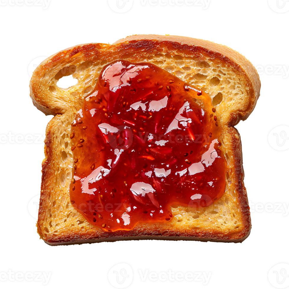 AI generated Roasted slice of toast bread with strawberry jam PNG. Toast top view PNG. Slightly burnt toast bread flat lay isolated. Strawberry jam png