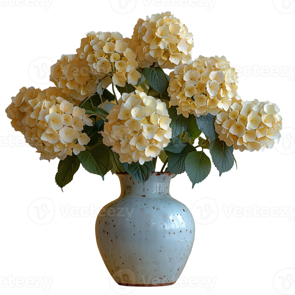 AI generated bouquet of flowers in a ceramic vase PNG. Bouquet of yellow Hydrangea flowers isolated. Flowers in vase PNG. Blooming flowers png