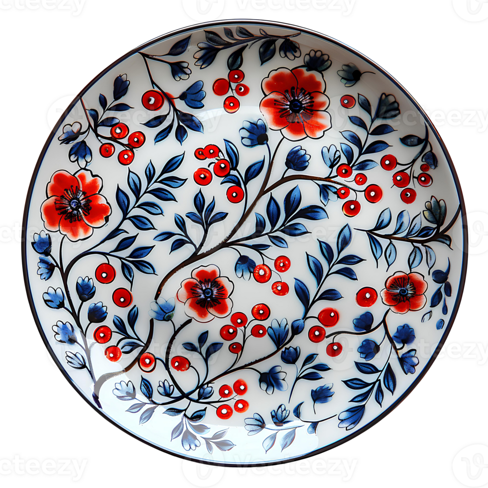 ai generato piatto con fiore dettagli png. intricatamente decorato bianca piatto con blu e rosso fiori superiore Visualizza png. astratto piatto design con floreale modello isolato. acquerello fiori png