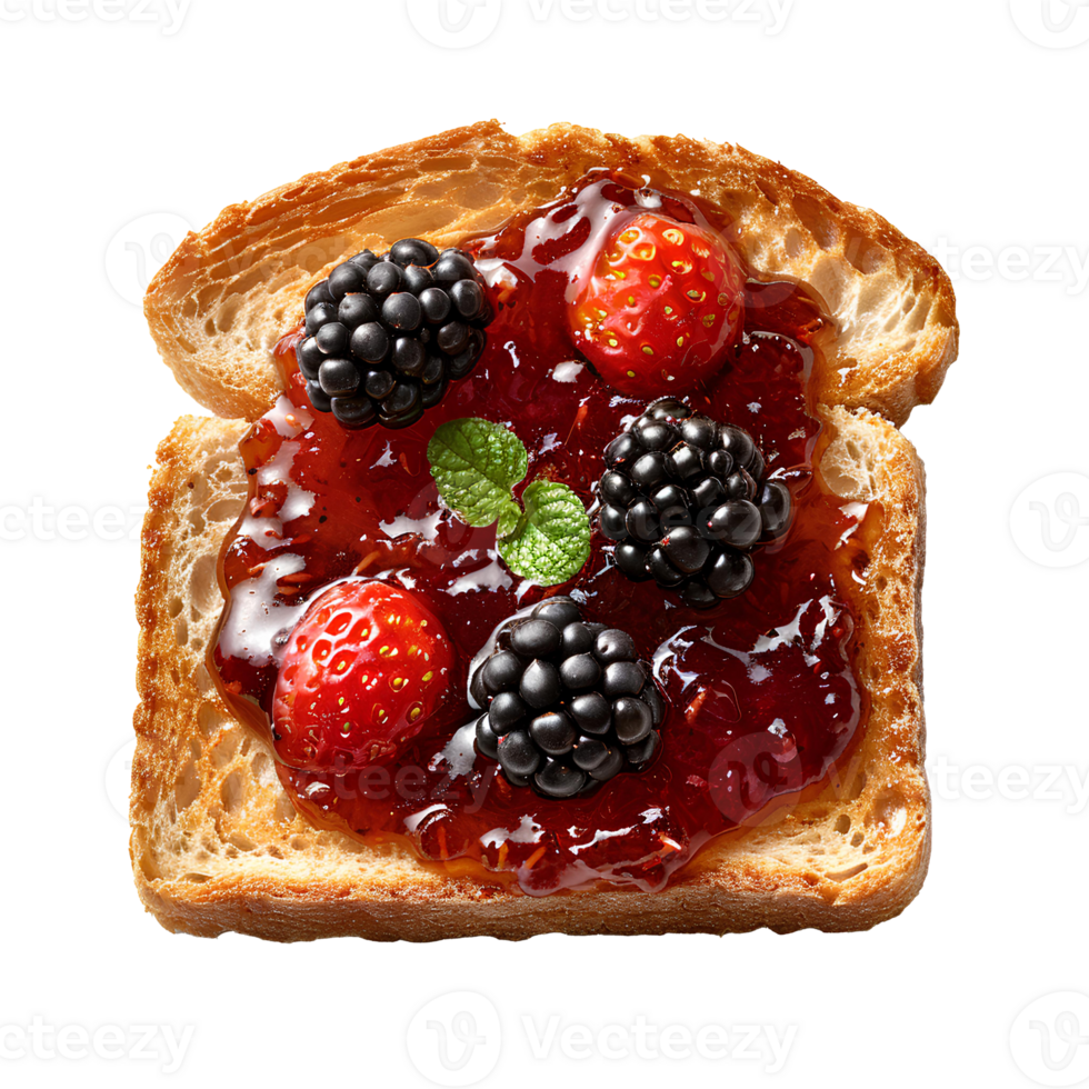 AI generated Roasted slice of toast bread with blackberry jam PNG. Toast top view PNG. Slightly burnt toast bread flat lay isolated. Blackberry jam png