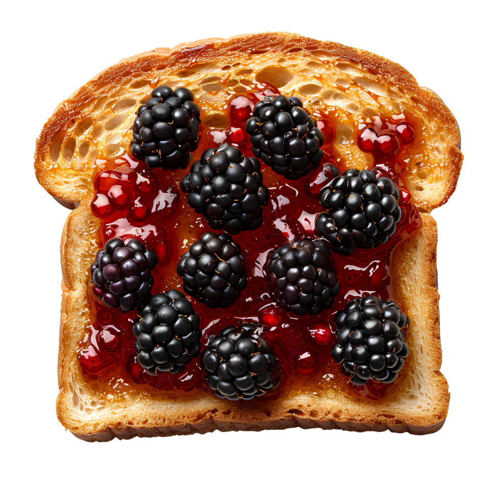 AI generated Roasted slice of toast bread with blackberry jam PNG. Toast top view PNG. Slightly burnt toast bread flat lay isolated. Blackberry jam png