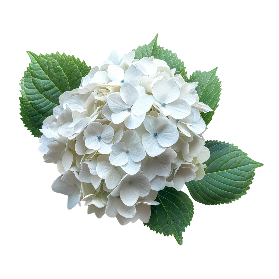 AI generated White Hydrangea flower PNG. Hydrangea flower isolated. Hydrangea top view PNG. White flower flat lay PNG