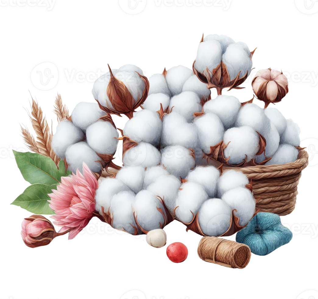 AI generated Digital illustration of cotton flowers. Set with white balls of fluffy plants in vintage style. Illustration for wedding invitations, florist business isolated on transparent background png