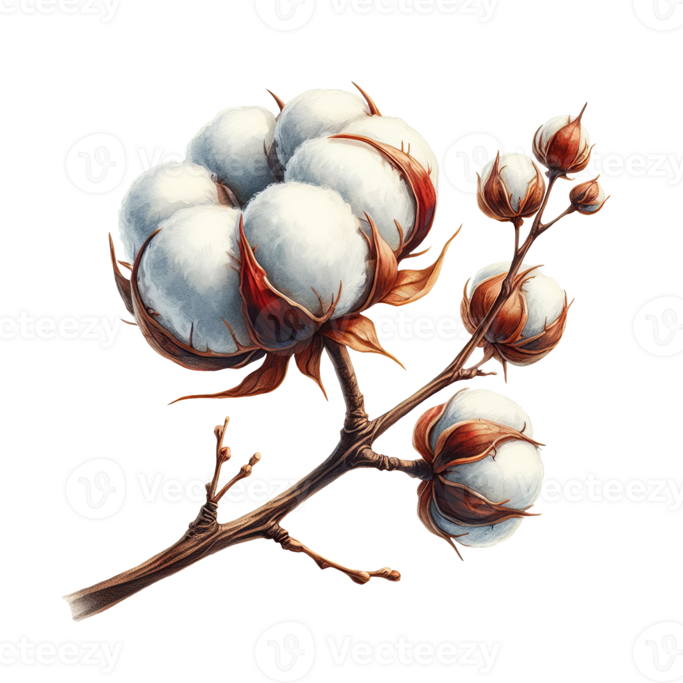 AI generated Digital illustration of cotton flowers. Set with white balls of fluffy plants in vintage style. Illustration for wedding invitations, florist business isolated on transparent background png