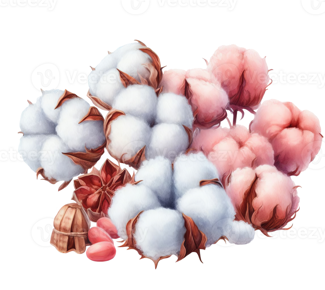 Digital illustration of cotton flowers. Set with white balls of fluffy plants in vintage style. Illustration for wedding invitations, florist business isolated on transparent background png