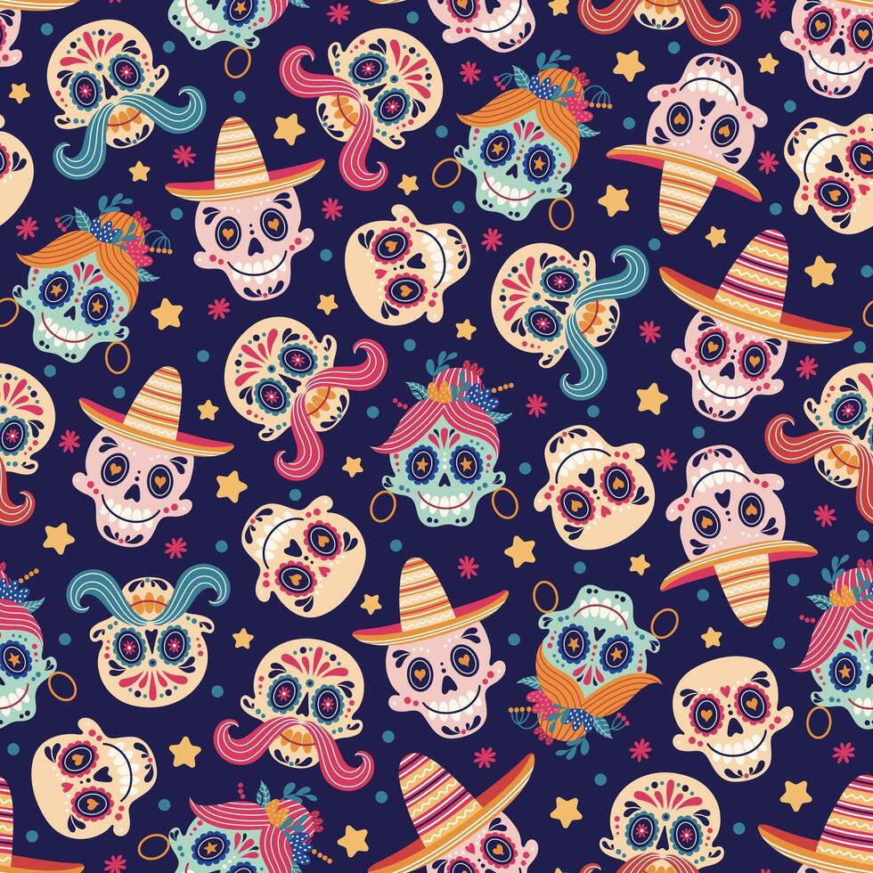 Sugar skulls seamless vector pattern. Head of a woman with an ornament, earrings, flowers. Faces of men with sombrero, mustache. Mexican masks for Cinco de Mayo, Day of the Dead. Festive background