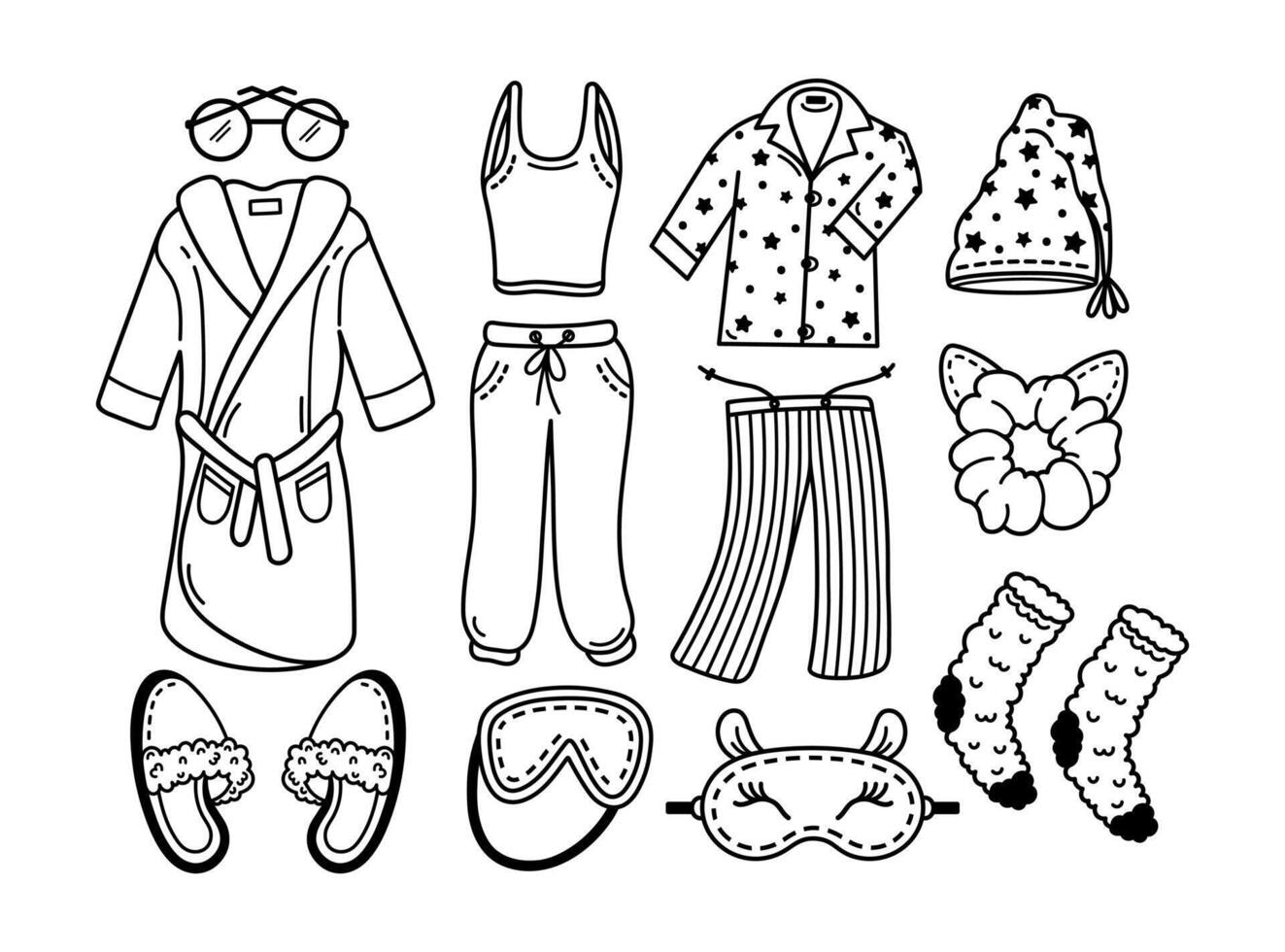 Dream vector set. Sleepwear - bathrobe, pajamas with stars, night cap, sleep mask, socks. Shoes and accessories for bedtime - slippers, hair tie. Home clothes for rest, nap. Hand drawn doodles