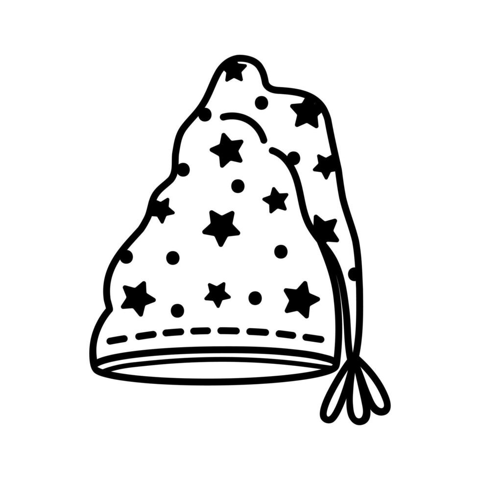 Night cap vector icon. Cute sleeping hat with stars, pompom. Cotton headdress for rest, dreams, relaxation. Hand drawn doodle, black and white sketch. Baby nap clothes. Funny clipart for print, web