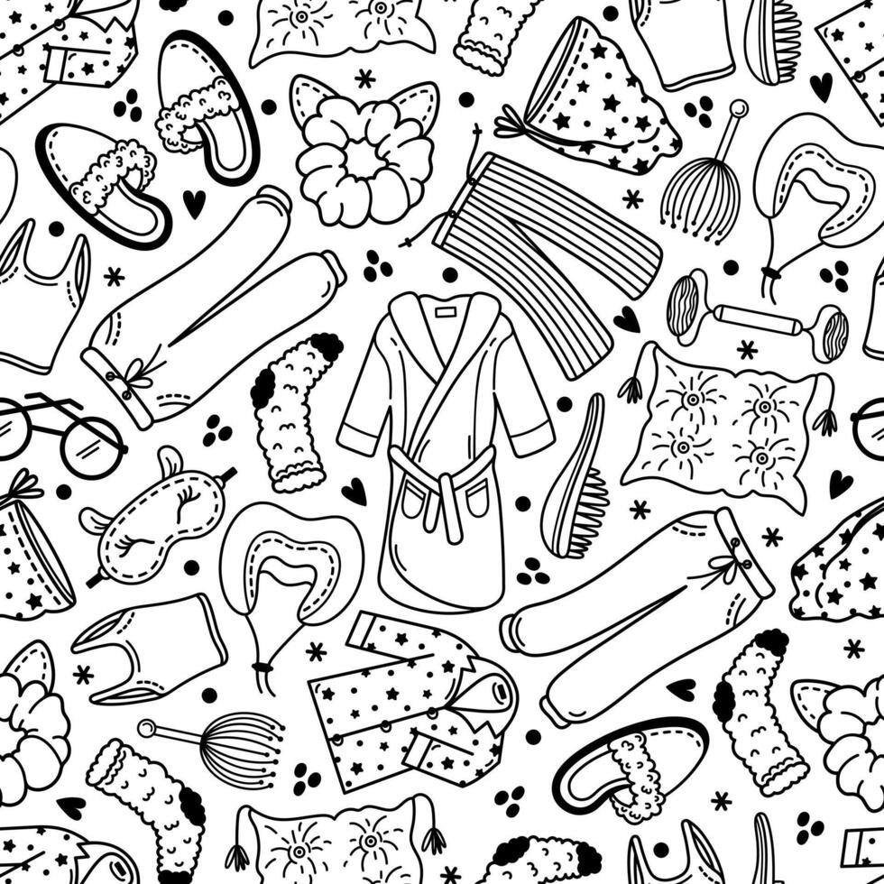Sleep seamless vector pattern. Clothes, accessories for dreams - pajamas, bathrobe, pillow, sleep mask, comb, massager. Bedtime, napping items. Self - care night routine. Hand drawn doodle background