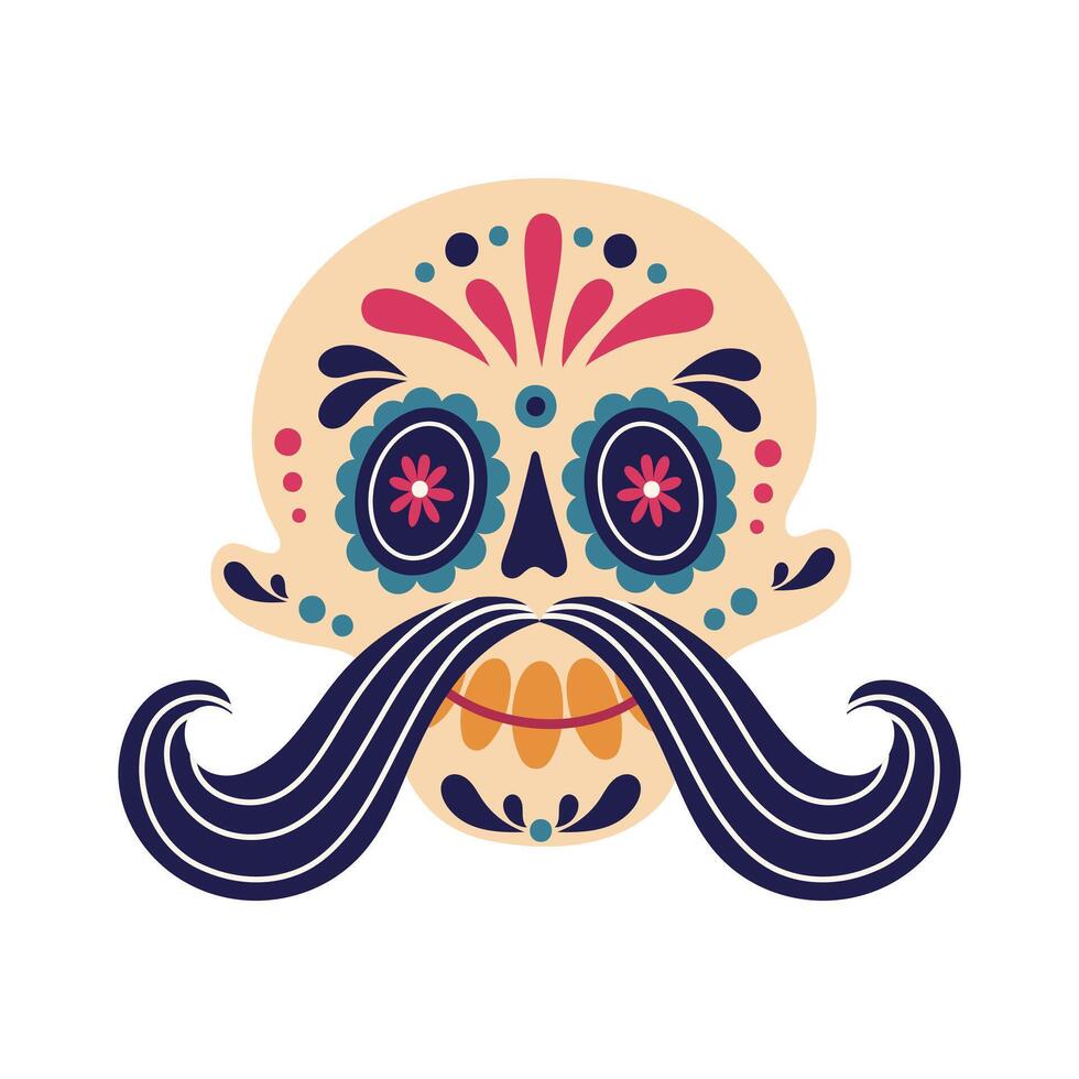 Funny sugar skull vector illustration. Human bald head with a painted floral ornament, gold teeth, curly mustache. Smiling face, Mexican mask for Cinco de Mayo, Day of the Dead. Flat cartoon doodle