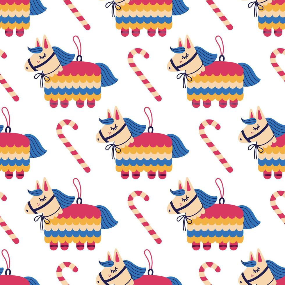 Pinata seamless vector pattern. Surprise for kids, colorful toy with sweets. Paper horse, tasty striped lollipop. Gift for birthday, carnival. Rainbow Mexican pinata, funny party. Cartoon background