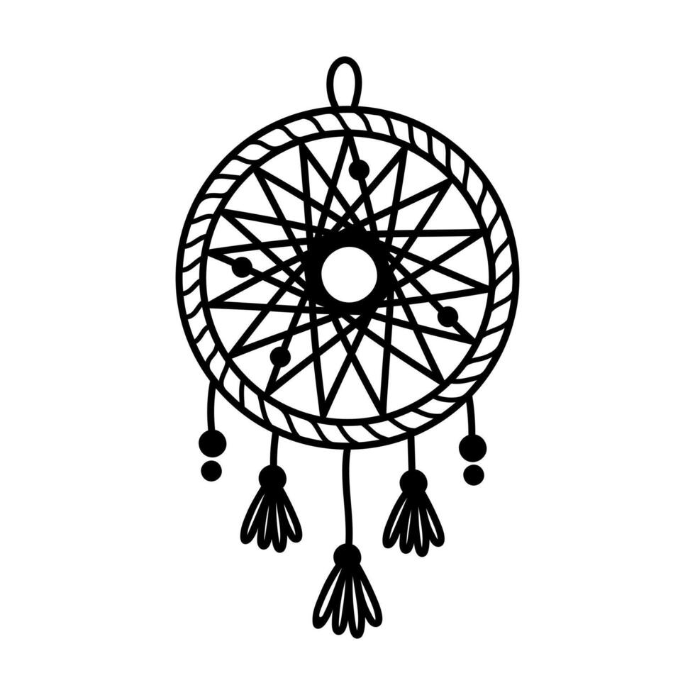 Dream catcher vector icon. Homemade accessory made from a round hoop, bird feathers, beads, lace. Shamanic symbol of magic, sleep protection, spirits. Hand drawn doodle, black and white clipart