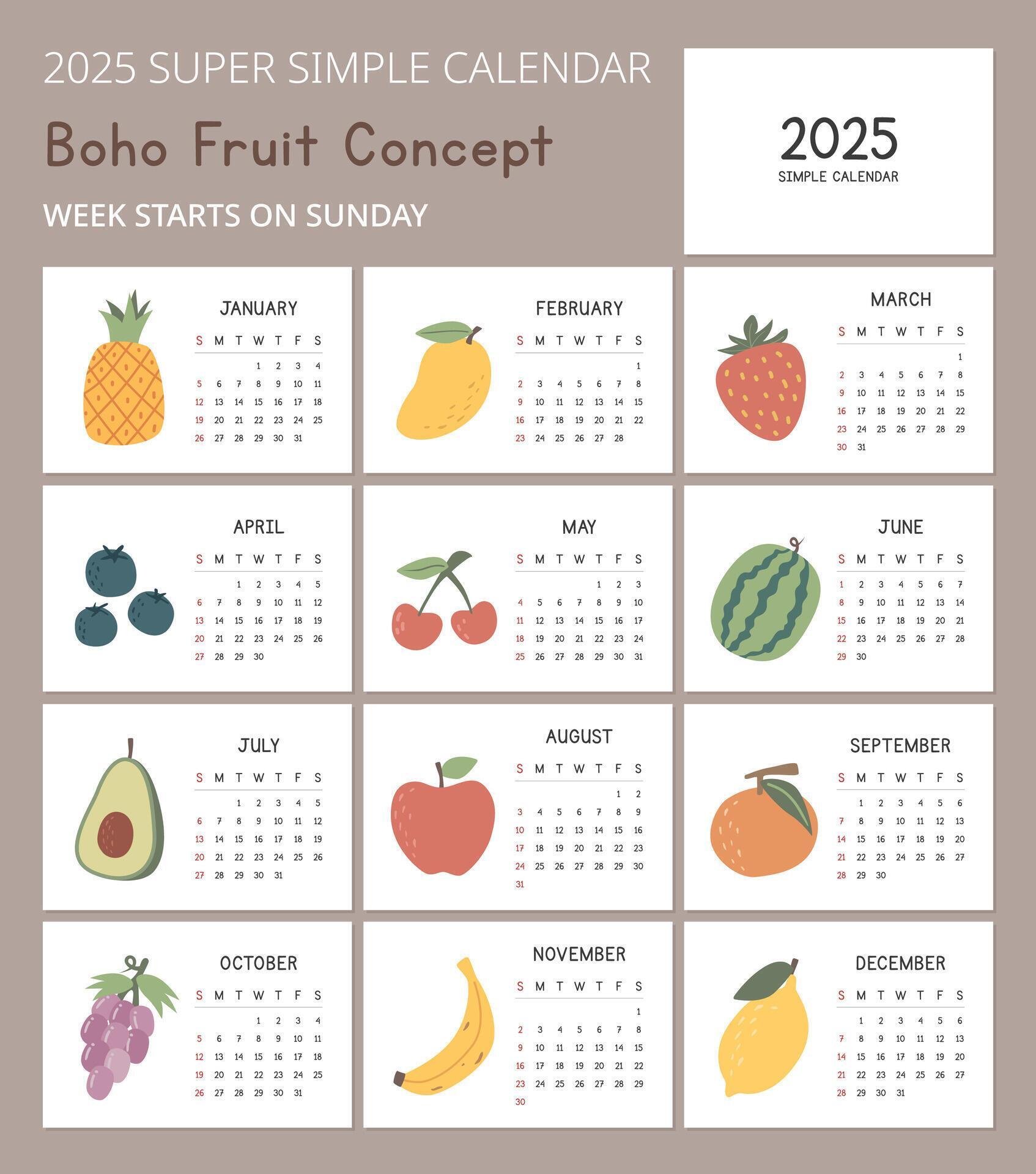 Simple 2025 Calendar Template with cute fruits concept illustrations