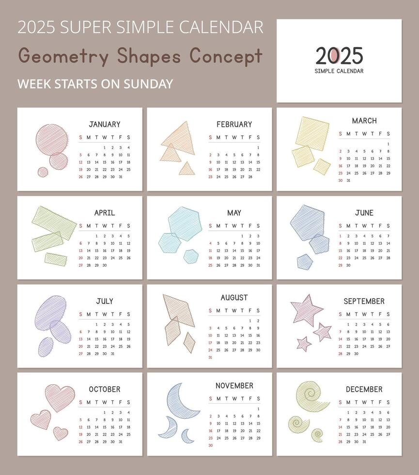 sencillo 2025 calendario modelo con geométrico formas bocetos concepto ilustraciones. mínimo diseño vector diseño. calendario para el año 2025 mesas para 12 meses. moderno y elegante diseño