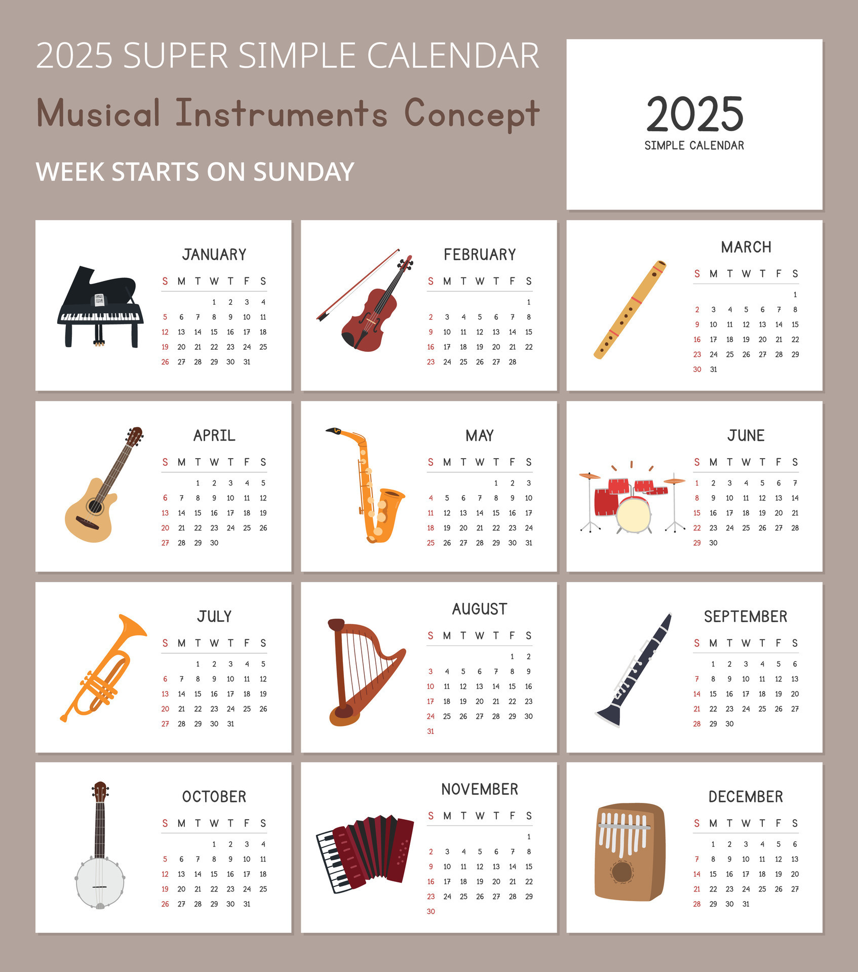 Simple 2025 Calendar Template with cute musical instruments