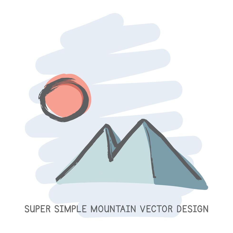 Super simple mountain hand-drawn doodle style vector design. Nature elements concept. Cute mountain and the Sun quick simple drawing on a light blue sketch background