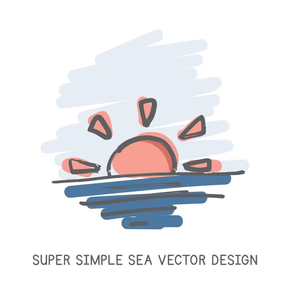 Super simple sea hand-drawn doodle style vector design. Nature elements concept. Cute sunset or sunrise with the Sun on the ocean horizon quick simple drawing on a light blue sketch background