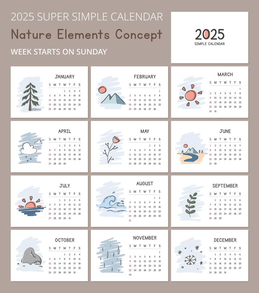 sencillo 2025 calendario modelo con linda naturaleza elementos concepto ilustraciones. sol, árbol, río. mínimo diseño vector diseño. calendario para el año 2025 mesas para 12 meses. moderno, elegante diseño