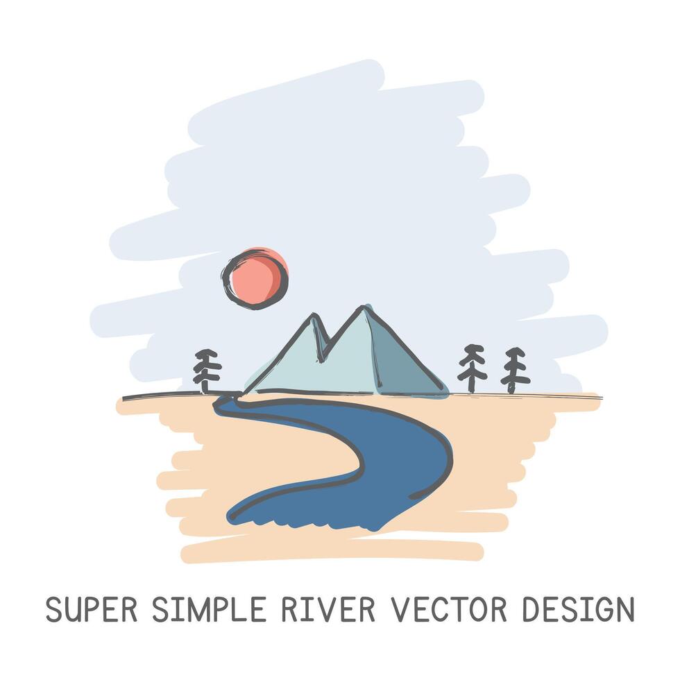 Super simple river hand-drawn doodle style vector design. Nature elements concept. Cute river with mountain, trees, and sun quick simple drawing on a light blue sketch background