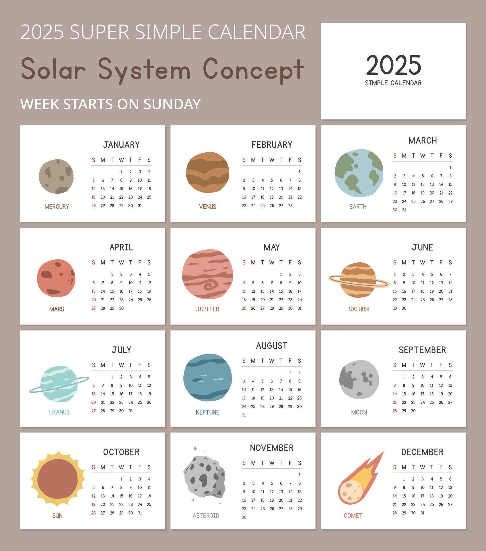 Simple 2025 Calendar Template with Solar System concept illustrations. Minimal layout vector
