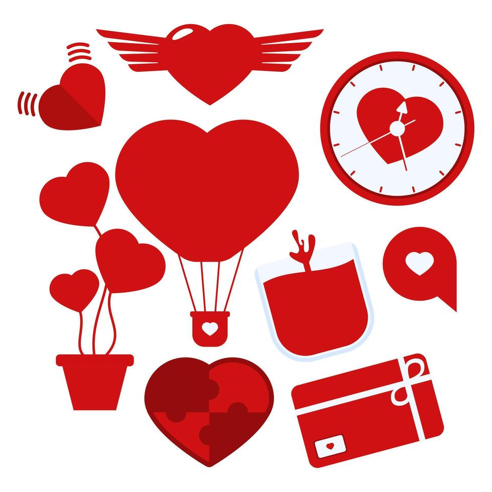 colección de San Valentín día diseños con aire globos, pared relojes, regalos, plantas. romántico y dulce. vector