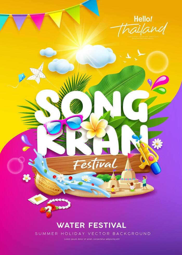 Songkran water festival in thailand, summer tropical leaf, gun water and thai flower, poster flyer design on yellow and purple background, Eps 10 vector illustration