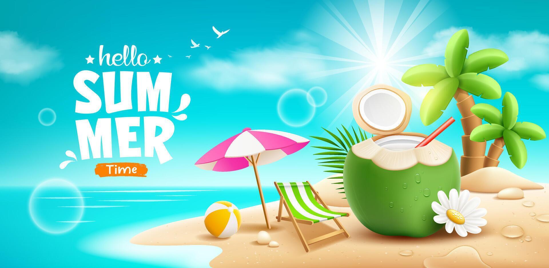 cocos Fruta Fresco y flor, playa paraguas, playa cama, verano día festivo, Coco árbol, pila de arena, en isla playa fondo, eps 10 vector ilustración