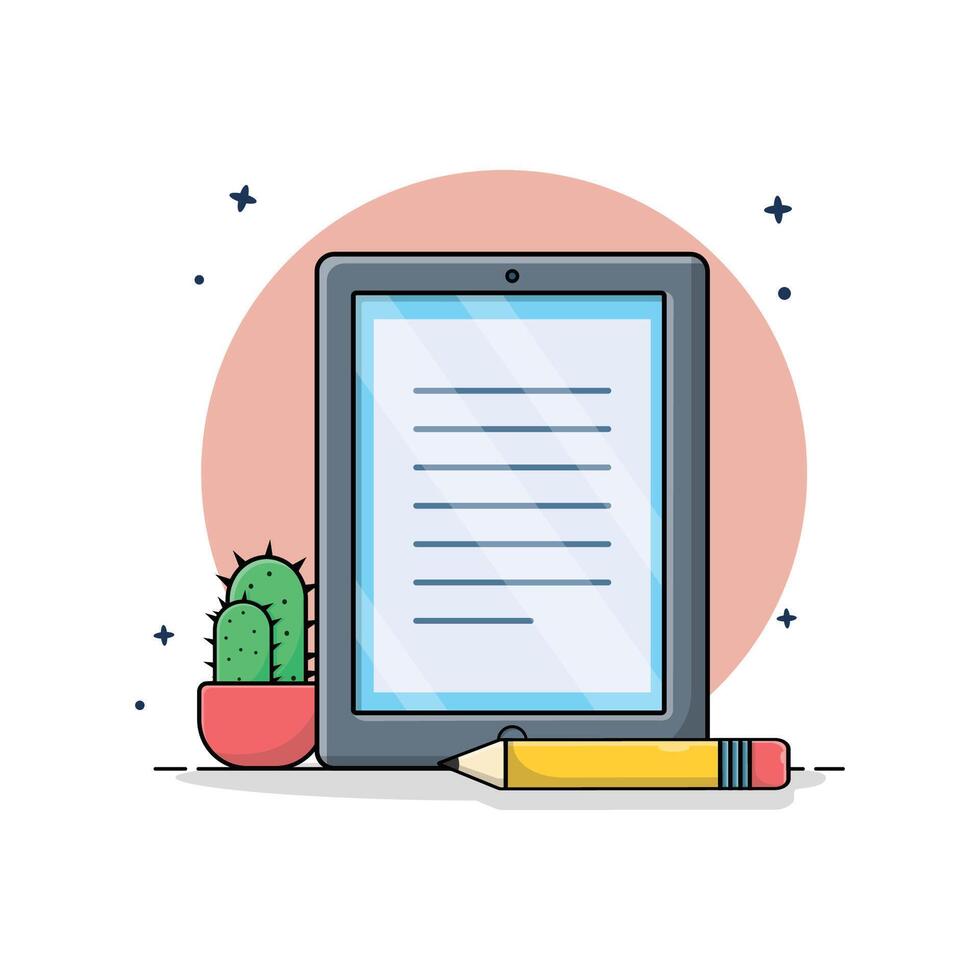 Tablet with Pencil and Cactus Vase Vector Illustration. eBook Concept Design