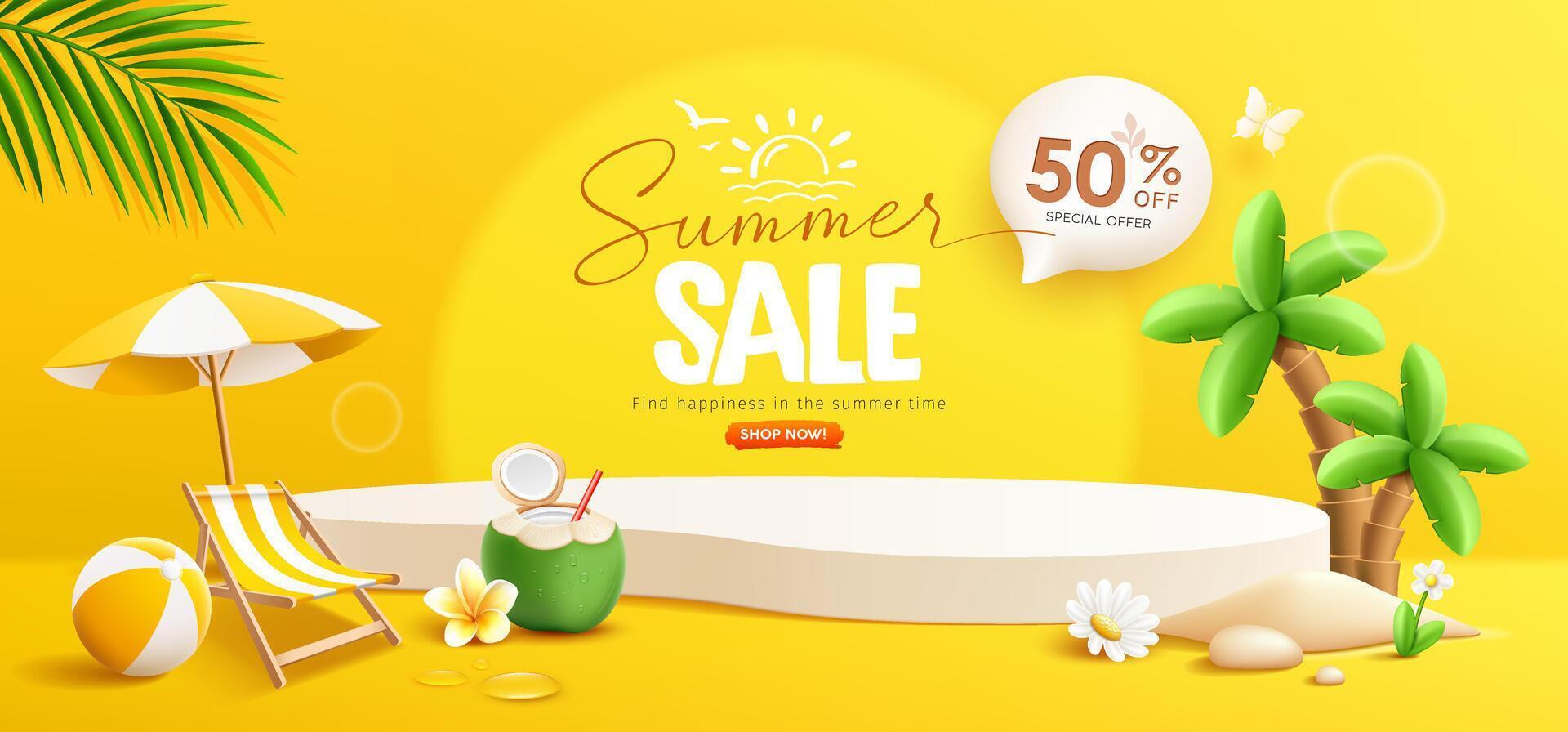 Summer sale podium display, pile of sand, flowers, coconut tree, beach umbrella, beach chair and beach ball, speech bubble space banner design, on yellow background, EPS 10 vector illustration