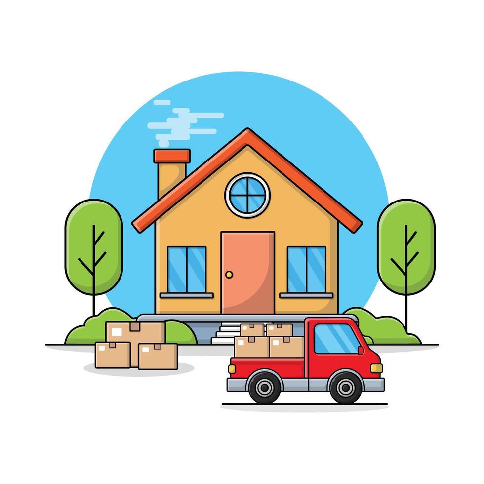 House and Delivery Truck with Boxes Vector Illustration. Home Delivery Concept Design
