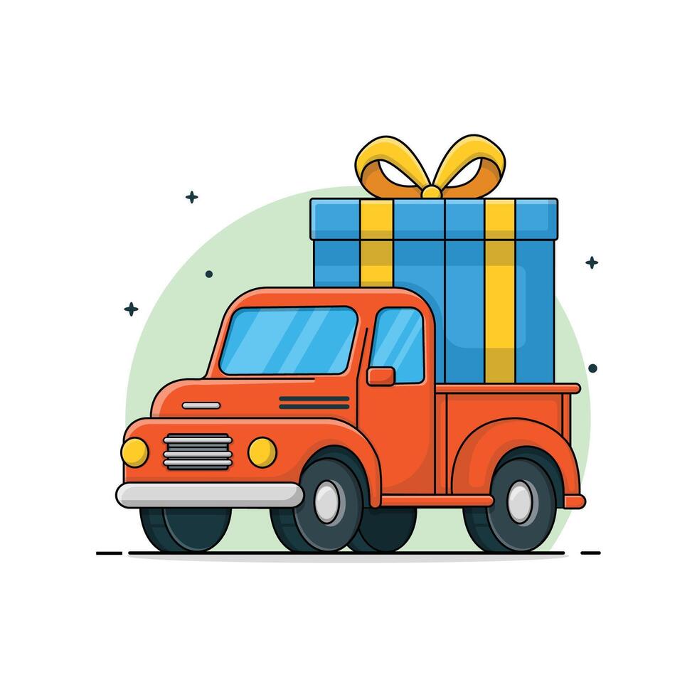 Red Truck with Blue Gift Box Vector Illustration. Free Shipping Concept Design