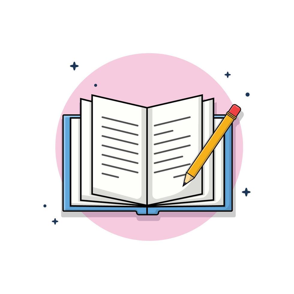 Open Book and Pencil Vector Illustration. School Objects Concept Design