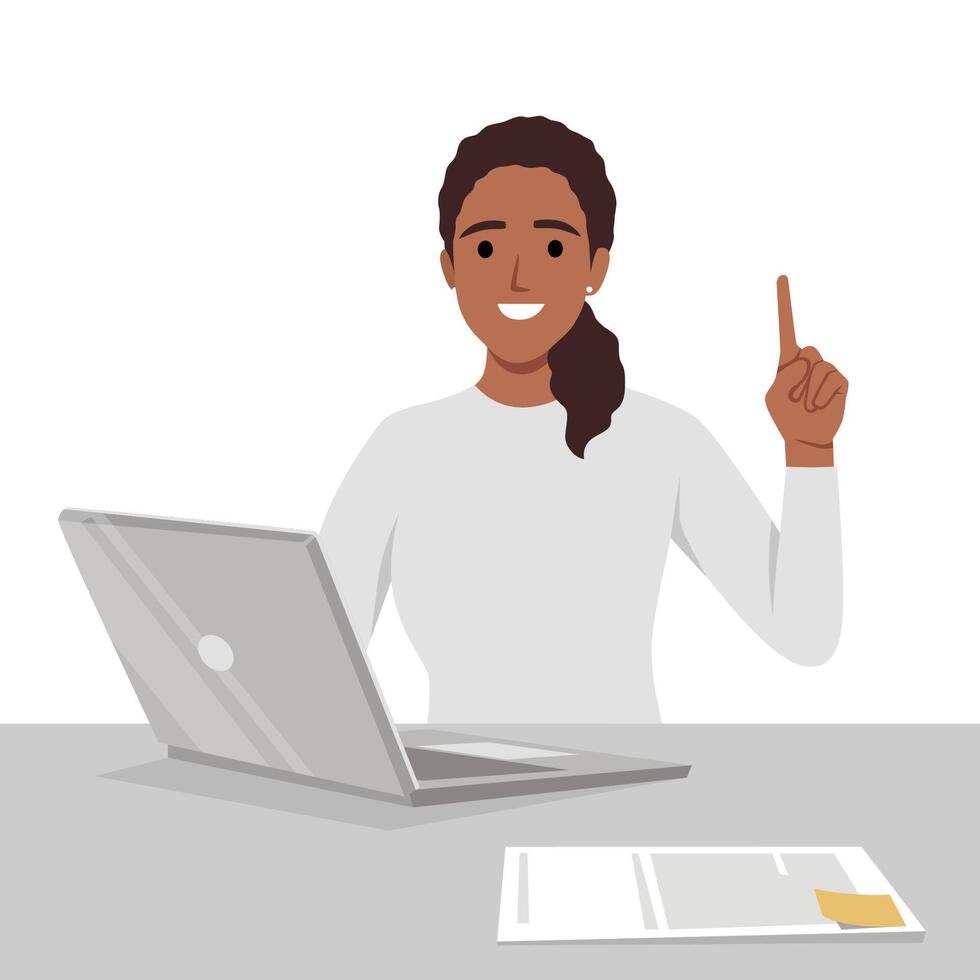 mujer de negocios participación un nuevo digital ordenador portátil computadora y señalando dedo arriba. hembra personaje diseño ilustración. moderno estilo de vida, artilugio vector