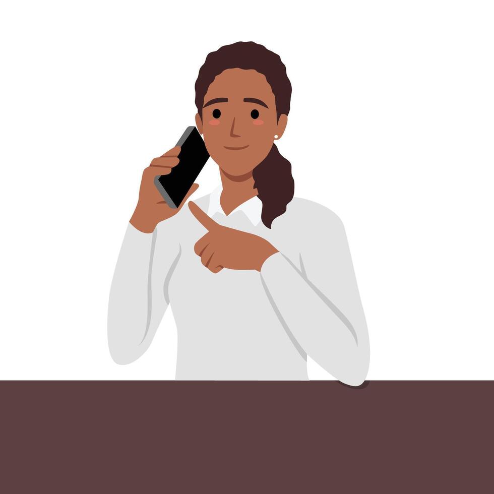 Young woman holding smartphone waiting for mobile phone call or message from boyfriend. Girl dreaming of love vector