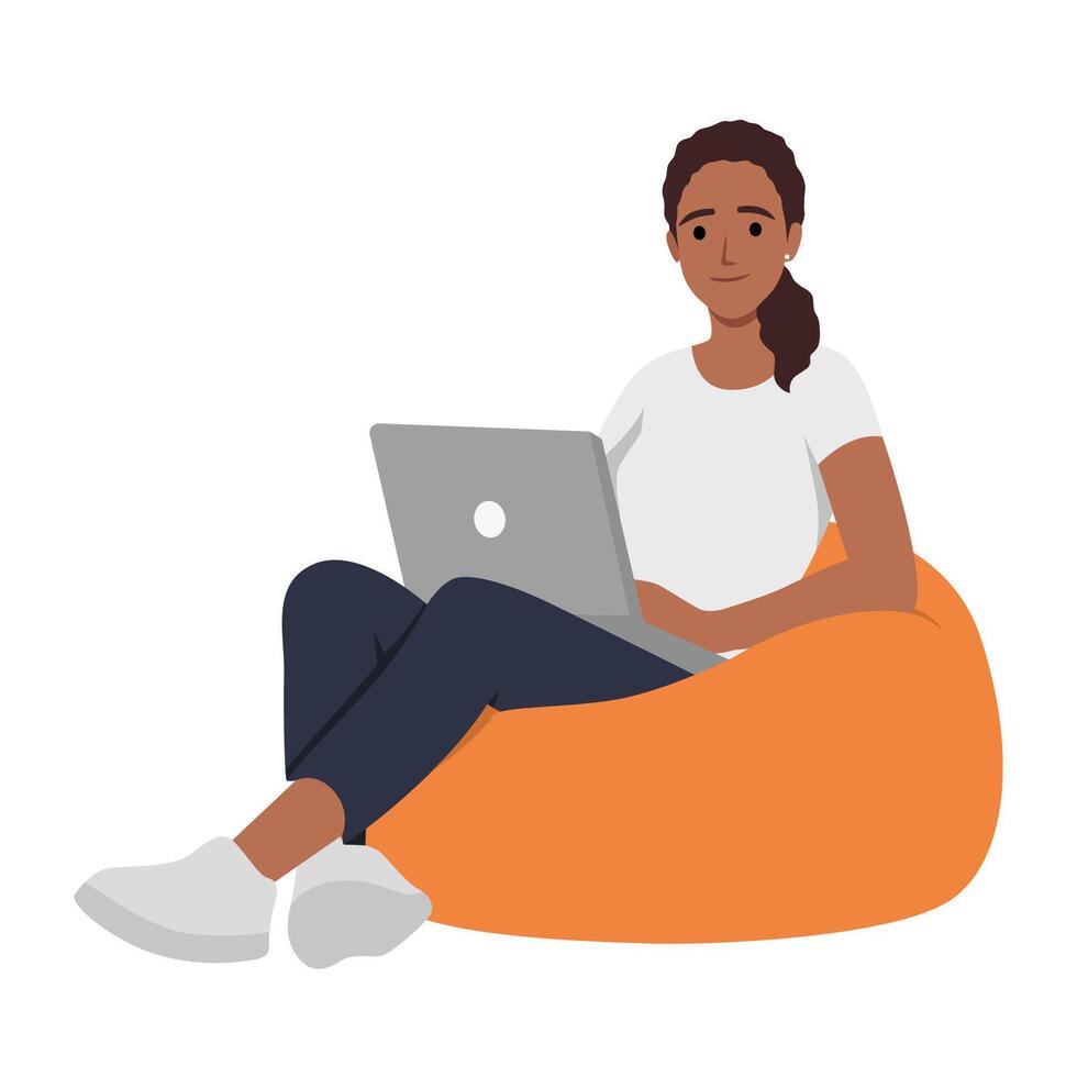 Young woman working with laptop sitting on bean bag. vector
