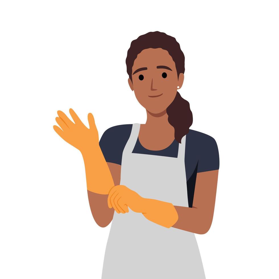 Work clothes and accessories concept. Young woman doctor or cosmetologist putting white latex protective medical gloves vector