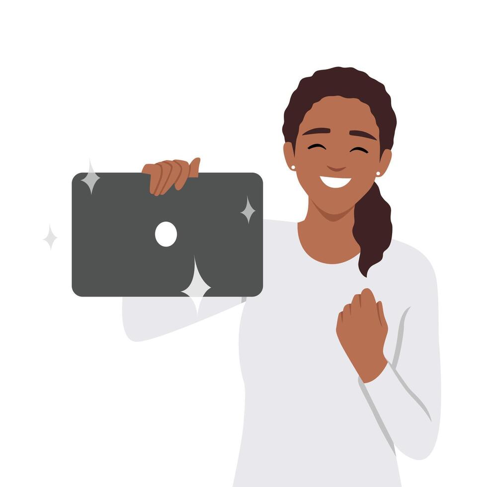 Young woman holding a new laptop computer. vector