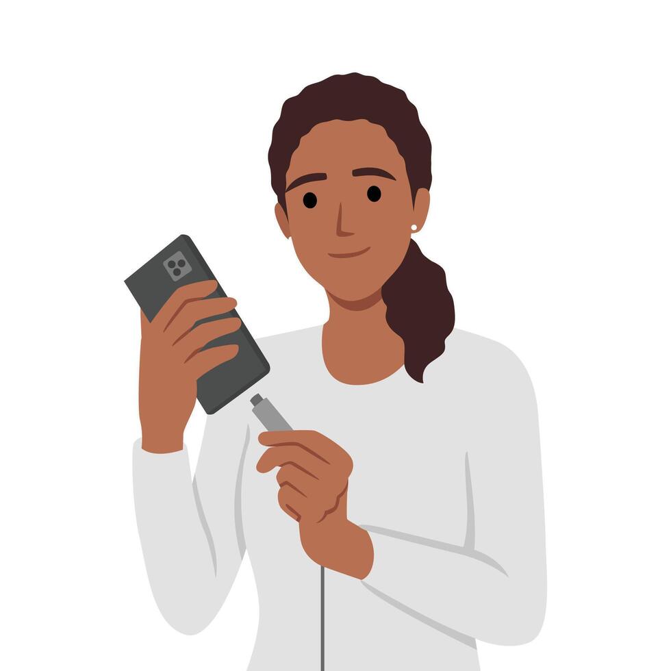 Woman holding smartphone uses cable to charge battery after seeing red indicator of dead accumulator. vector