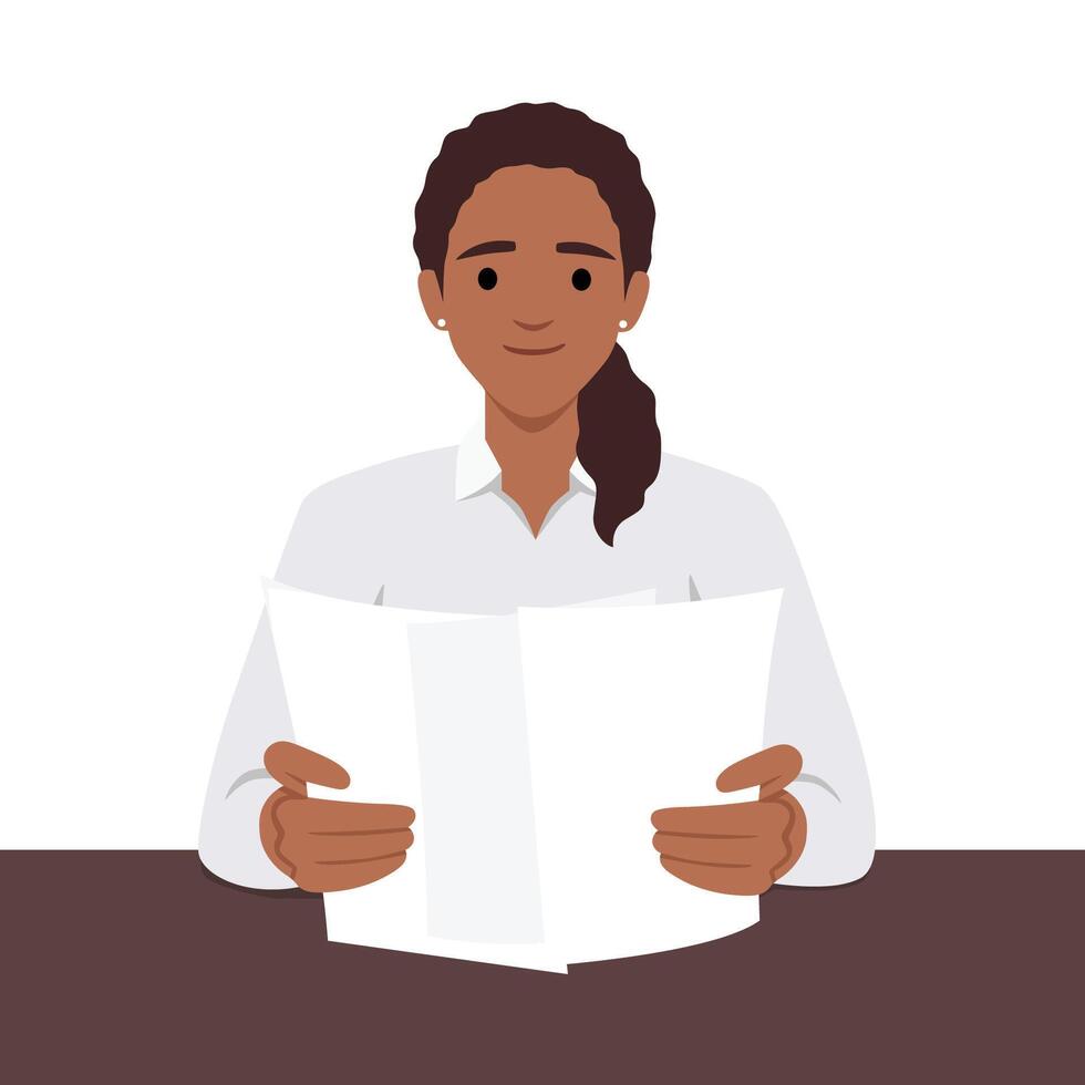 mujer leyendo papel documento. vector