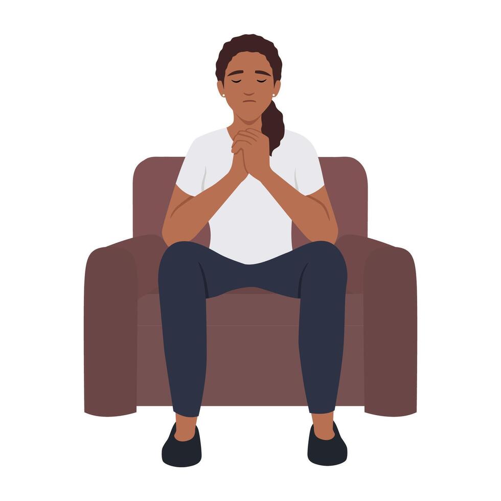 Asking for God help concept. Young girl with folded hands and closed eyes, crying, asking for forgiveness, repenting, regretting, religious woman shriving vector