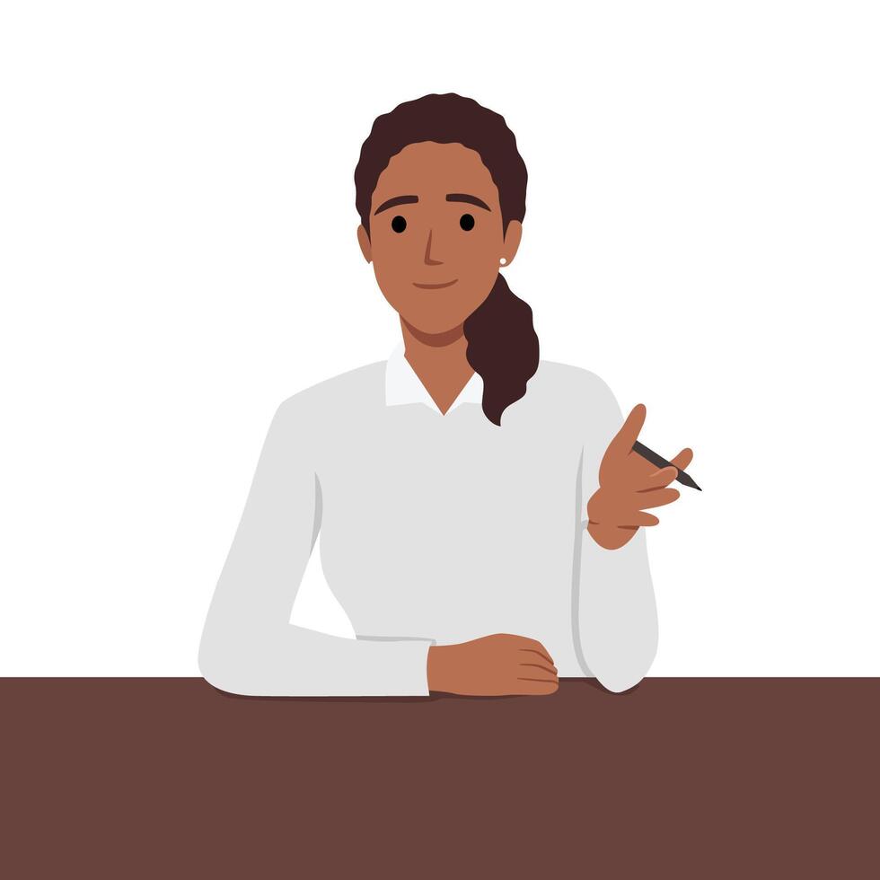 Young business coach woman talking and explaining something to the viewer with pen on her hand vector