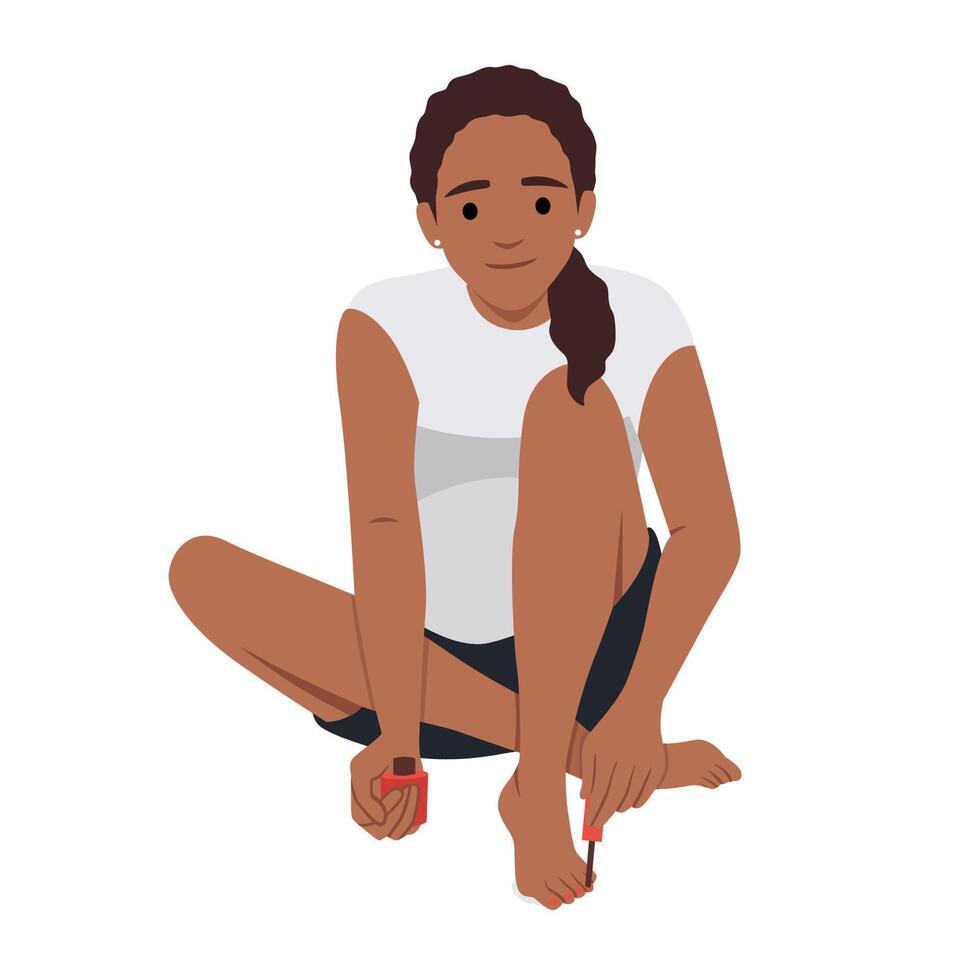 Beautiful woman applying nail polish on her toes vector