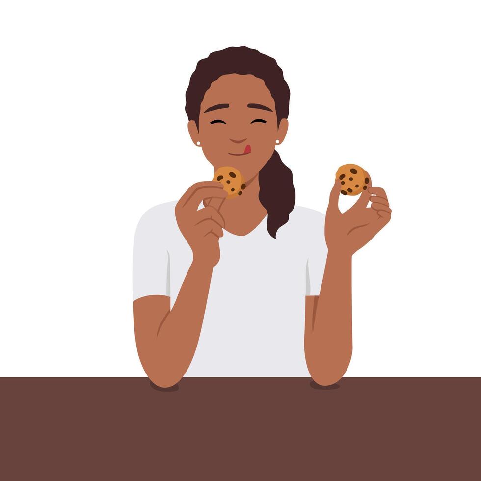 mujer teniendo desayuno comiendo galletas, personas actividad, diario rutina vector
