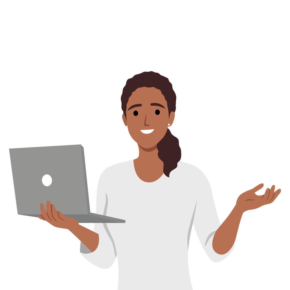 joven negro mujer utilizando ordenador portátil computadora demostración vector